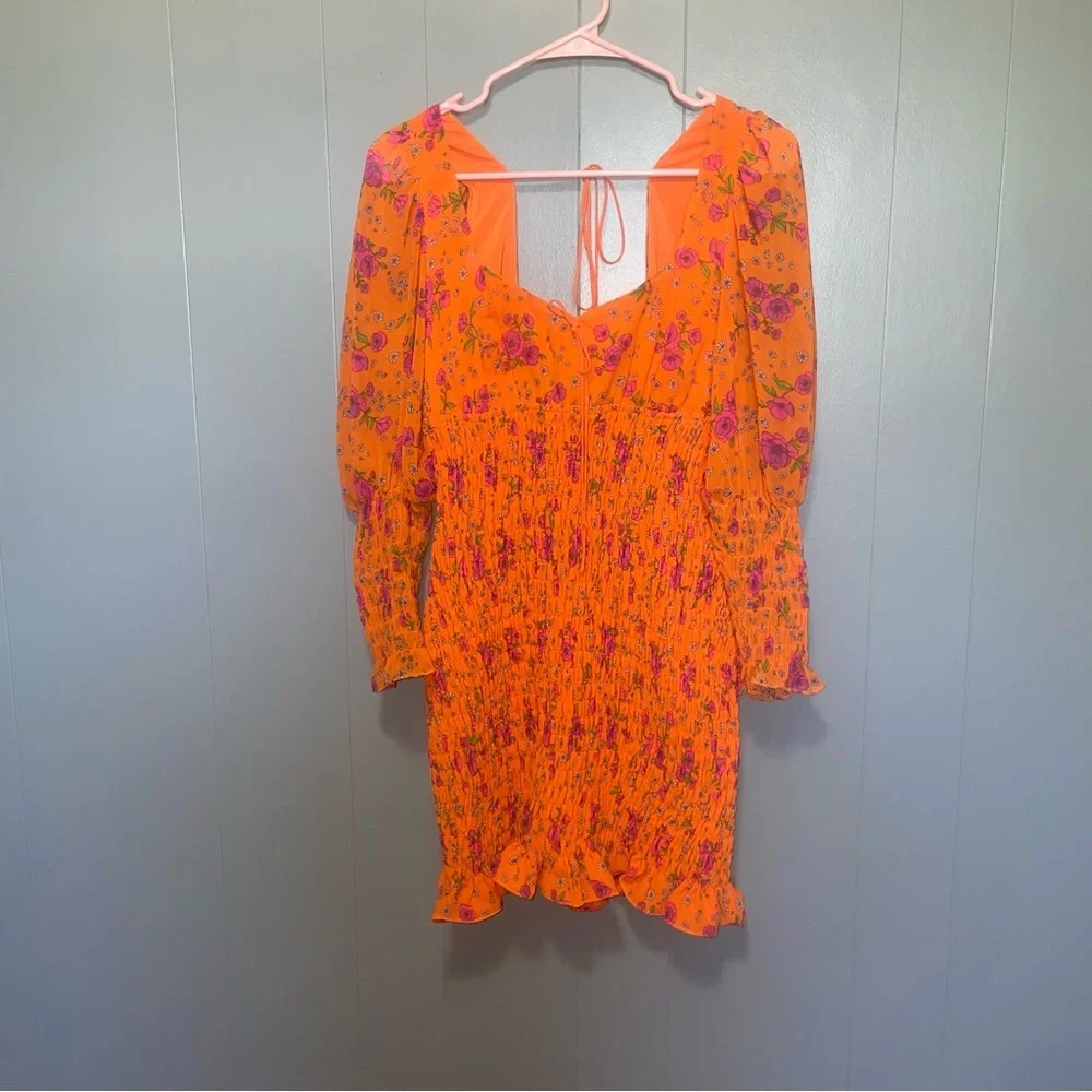For Love and Lemons Peony Orange Ribbed Mini Dress Small Long Sleeve - Picture 3 of 10